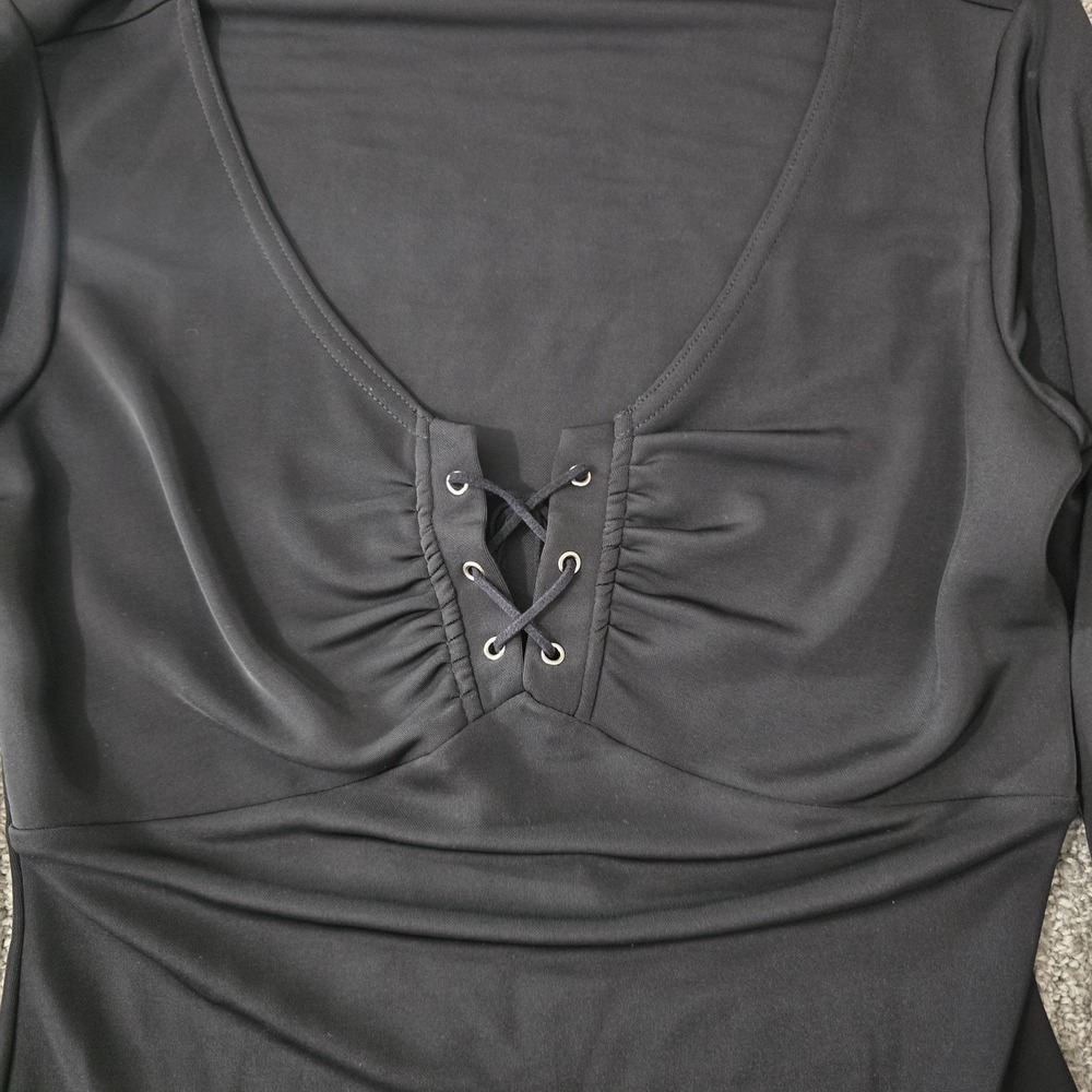 Wrapper Black Lace Up Bell Sleeve Top Women's Medium Goth Y2K Stretch Blouse - Picture 5 of 7